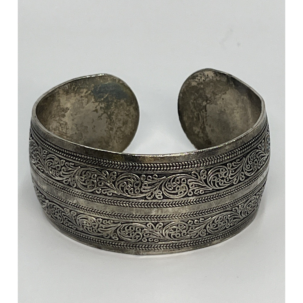 Etched Engraved Scrollwork Wide Cuff Bracelet in Silver Tone Ornate Boho